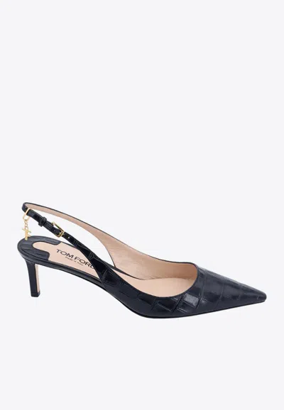 Tom Ford Angelina 55 Slingback Pumps In Croc-embossed Leather In Black
