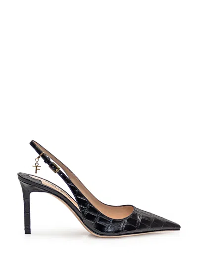 Tom Ford Angelina Logo-embellished Croc-effect Leather Slingback Pumps In Black