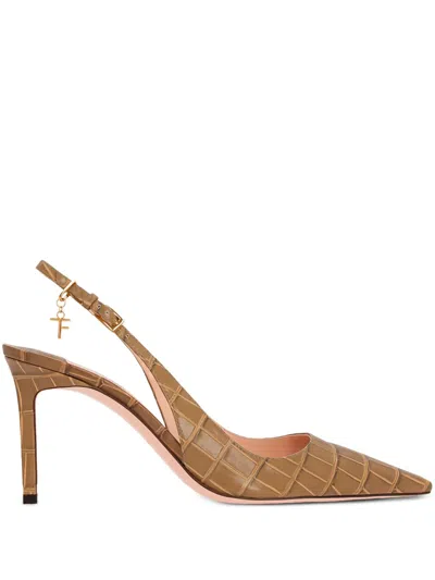 Tom Ford Angelina Slingback Crocodile-embossed Pumps In Brown