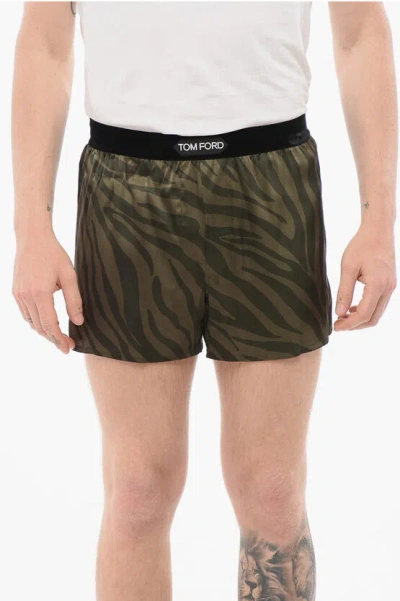 Tom Ford Animal Patterned Silk Satin Boxer With Velour Detail In Green