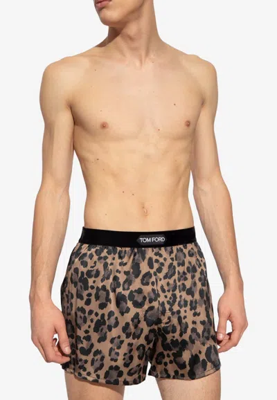 Tom Ford Animal Print Silk Boxers In Brown