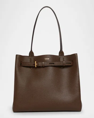 Tom Ford Audrey Medium Tote Bag In Grain Leather In Dark Khaki
