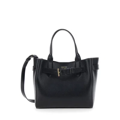 Tom Ford Audrey Small Black Handbag With Adjustable Strap And Logo Lettering On The Front In Hammere
