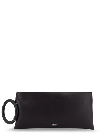 Tom Ford Aura Leather Clutch Bag With Lettering Logo On The Front In Black