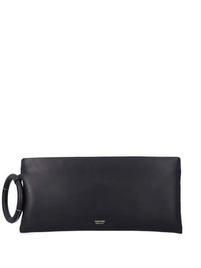 Tom Ford Aura Leather Clutch Bag With Lettering Logo On The Front In Black