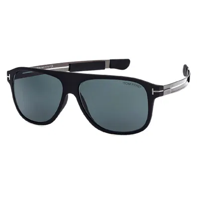 Tom Ford Aviator Full Rim, With A Matte Black Frame And Blue Lens.