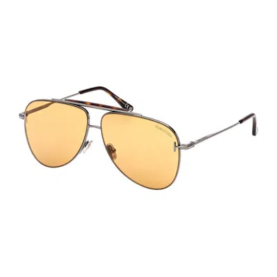 Tom Ford Aviator Full Rim, With A Shiny Deep Gold Black Frame And Smoke Lens.