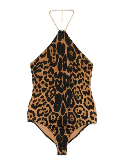 Tom Ford Leopard-print Chain Halter One-piece Swimsuit In Black