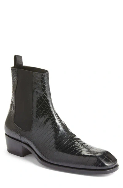 Tom Ford Bailey Croc Embossed Chelsea Boot In Black