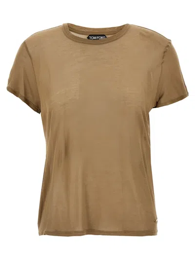 Tom Ford Crew Neck Bamboo T-shirt With Side Slits In Brown