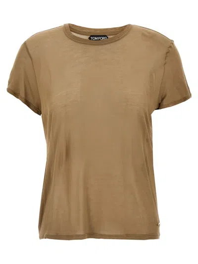 Tom Ford Crew Neck Bamboo T-shirt With Side Slits In Brown