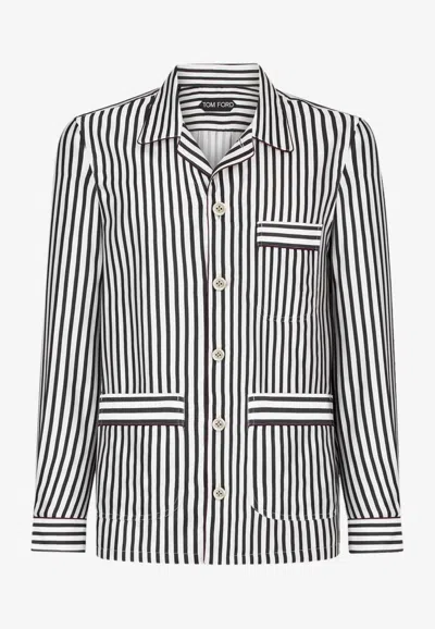 Tom Ford Baton Stripe Silk Pajama Shirt In Black
