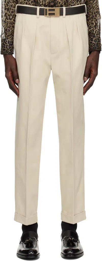 Tom Ford Beige Gabardine Double Pleat Trousers In Bone