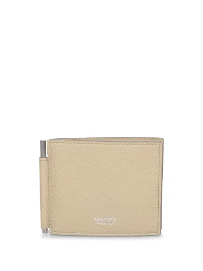 Tom Ford Beige Grained Leather Clip Wallet