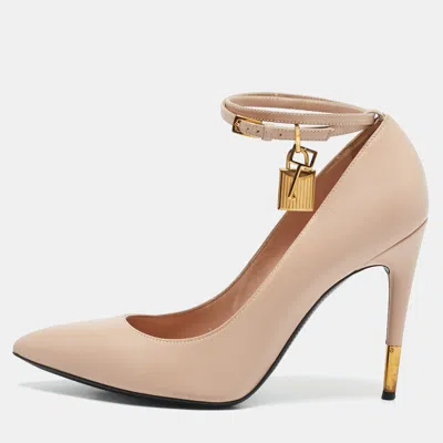 Pre-owned Tom Ford Beige Leather Padlock Ankle Wrap Pumps Size 40.5