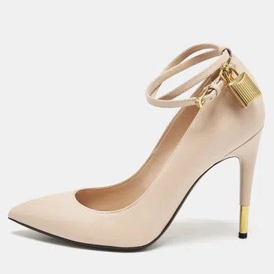 Pre-owned Tom Ford Beige Leather Pointed Toe Padlock Ankle Strap Pumps Size 38.5