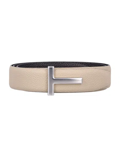 Tom Ford Beige Logo Buckle Belt