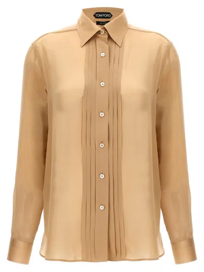 TOM FORD BEIGE PLEATED PLASTRON SHIRT