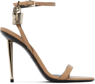 Tom Ford Beige Shiny Padlock Pointy Naked Heeled Sandals In Brown