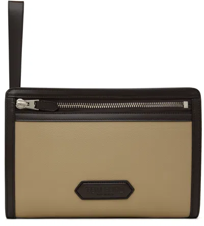 Tom Ford Beige Soft Grain Leather Mini Flat Pouch In Dune + Brown
