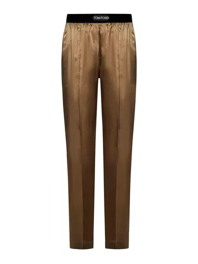 TOM FORD BEIGE STRETCH SILK SATIN PAJAMA-STYLE TROUSER