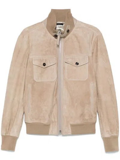 Tom Ford Khaki Chest Pocket Suede Bomber Jacket In Gold
