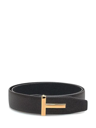 Tom Ford Black Calfskin Leather Belt With Gold T Buckle