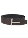 Tom Ford Leather Reversible T Icon Belt In Brown