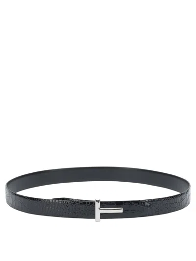 Tom Ford T Monogram Croc-embossed Leather Belt In Black
