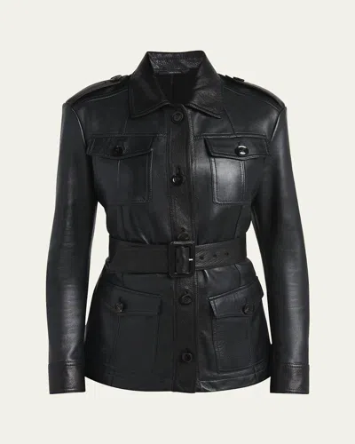 Tom Ford Belted Button Down Leather Jacket In Black
