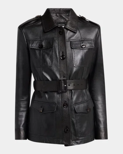 Tom Ford Belted Button Down Leather Jacket In Black