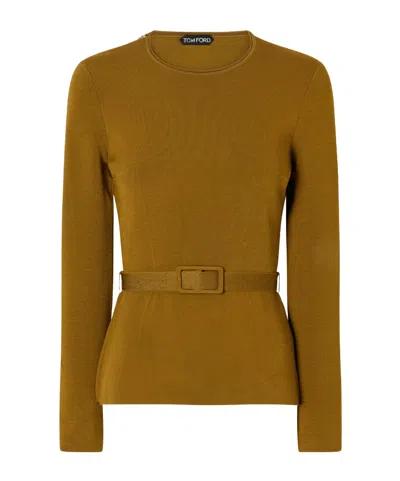 Tom Ford Belted Crepe Blouse In Brown