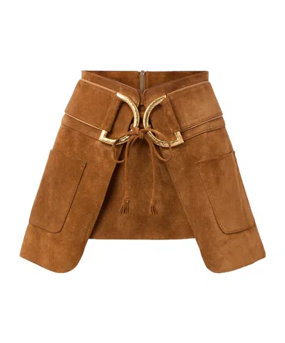 Tom Ford Belted Layered Suede Mini Skirt In Brown