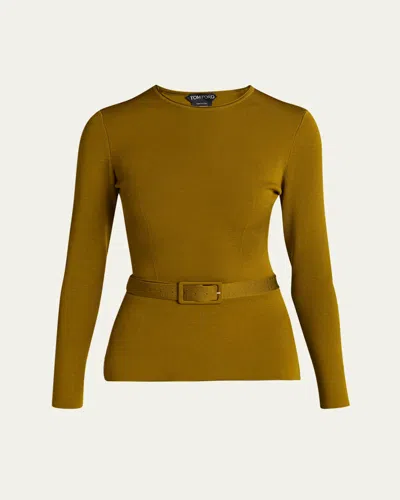 Tom Ford Belted Long-sleeve Knit Top In Green