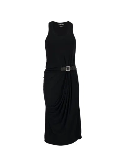 Tom Ford Buckle Gathered Crepe Jersey Sleeveless Midi Dress In Black
