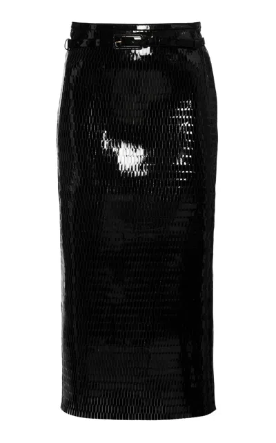 Tom Ford Belted Perforated Patent Leather Midi Skirt In Black