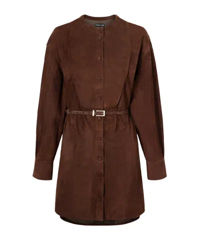 Tom Ford Belted Suede Mini Shirt Dress In Brown