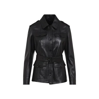 Tom Ford Belted Button Down Leather Jacket In Black