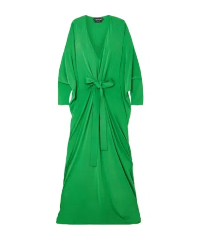 Tom Ford Belted Velvet-trimmed Silk-jersey Gown In Green