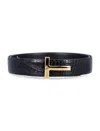 Tom Ford Black Crocodile Effect Leather Belt With T Buckle In Black