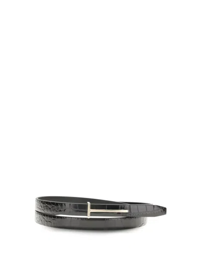 Tom Ford Shiny Stamped Embossed Slim T Belt In Black