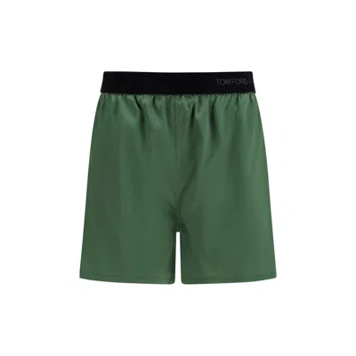 Tom Ford Stretch Silk Satin Pj Shorts Trousers Green In Animal Print
