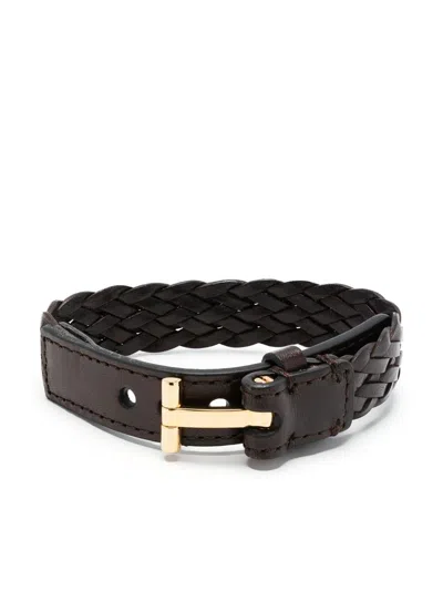 Tom Ford T-lock Interwoven-leather Bracelet In Brown