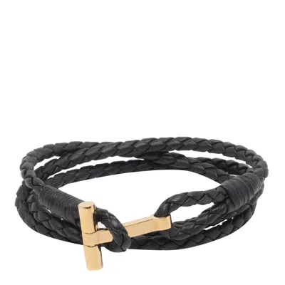 Tom Ford Leather T-plate Woven Bracelet With Braided Pattern In Brown