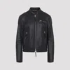 Tom Ford Fitted Black Leather Jacket With Stand Collar And Zippered Cuffs In Blue