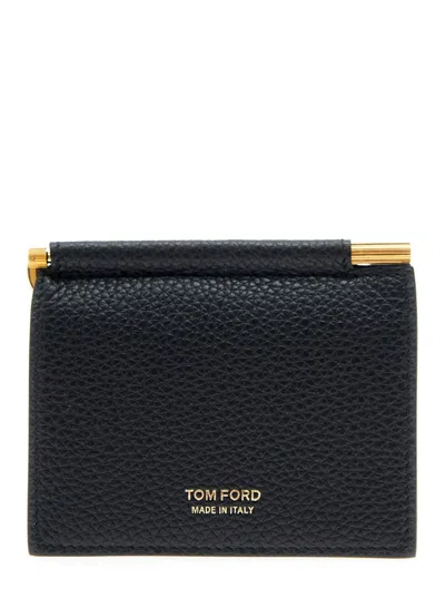 Tom Ford Black Bi-fold Wallet With Embossed Logo Lettering On The Front In Grained Leather Man