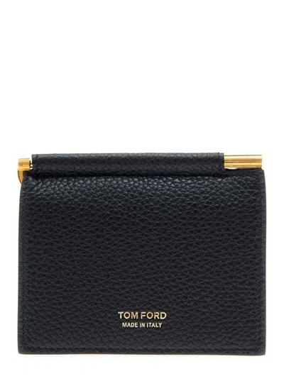 TOM FORD TOM FORD BLACK BI-FOLD WALLET WITH EMBOSSED LOGO LETTERING ON THE FRONT IN GRAINED LEATHER MAN