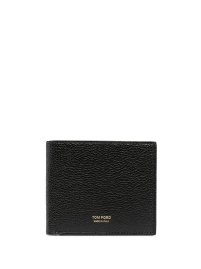 Tom Ford Black Bi-fold Wallet With Gold-colored Embossed Logo In Grainy Leather Man