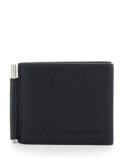 Tom Ford Black Bi-fold Wallet With T Detail On The Front And Embossed Logo On The Rear In Grained Leather Man