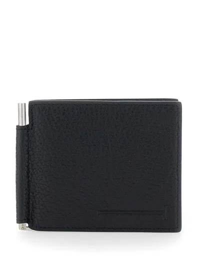 TOM FORD BLACK BI-FOLD WALLET WITH T DETAIL ON THE FRONT AND EMBOSSED LOGO ON THE REAR IN GRAINED LEATHER MAN